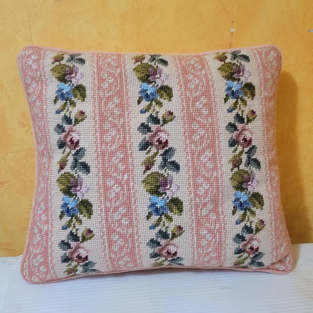 Vintage Wool Needlepoint Floral Lattice Pillow Grannycore Cottagecore